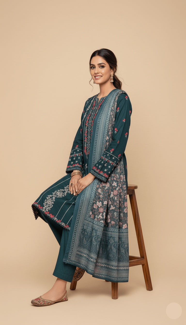 Binsaeed Three-Piece Khaddar Deep Teal Embroidered Suit