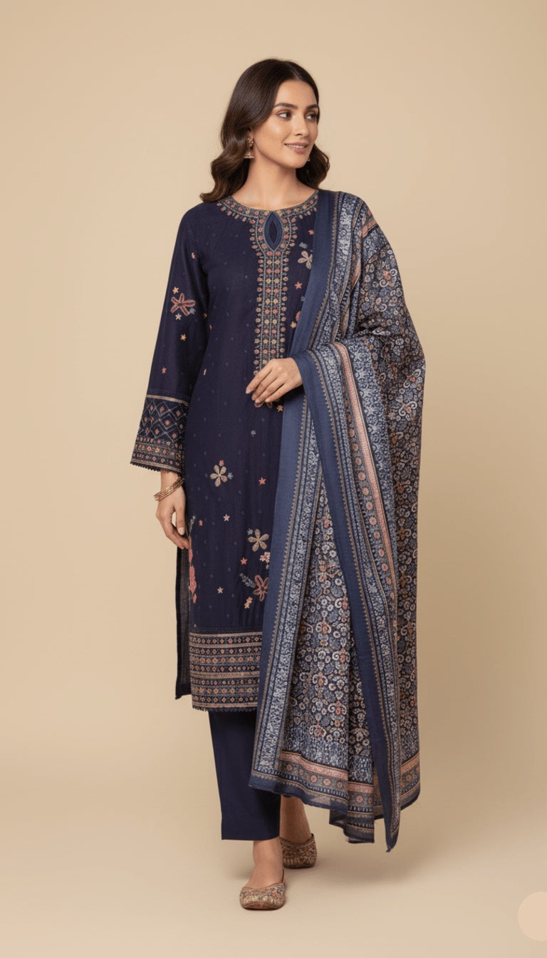 Binsaeed Three-Piece Khaddar Midnight Blue & Gold Embroidered-Look Suit