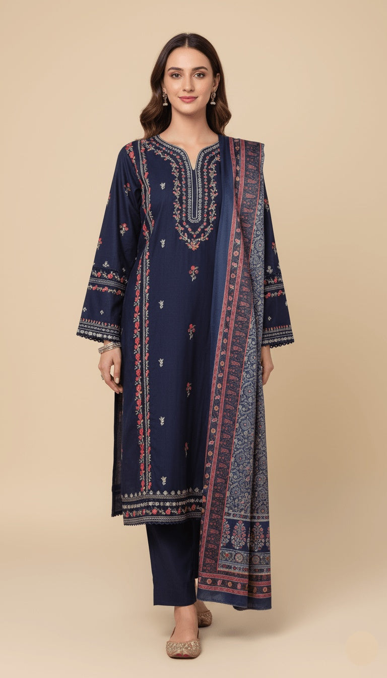 Binsaeed Three-Piece Khaddar Navy Blue Printed Suit