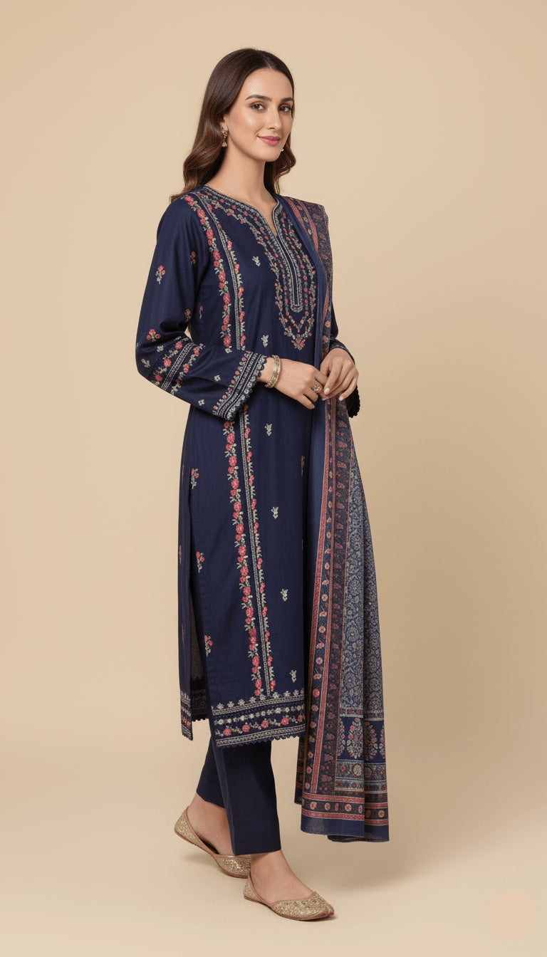 Binsaeed Three-Piece Khaddar Navy Blue Printed Suit