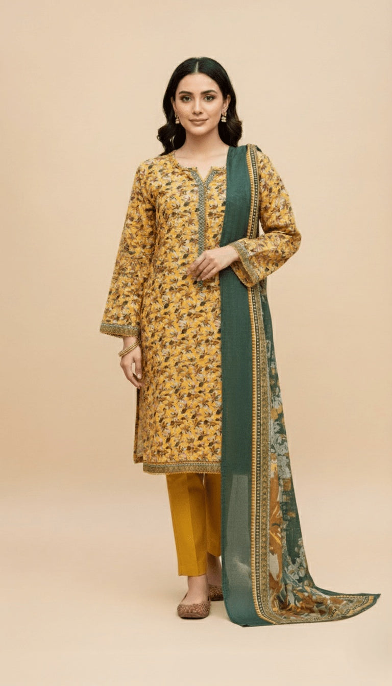Binsaeed Three-Piece Khaddar Mustard & Forest Green Printed Suit