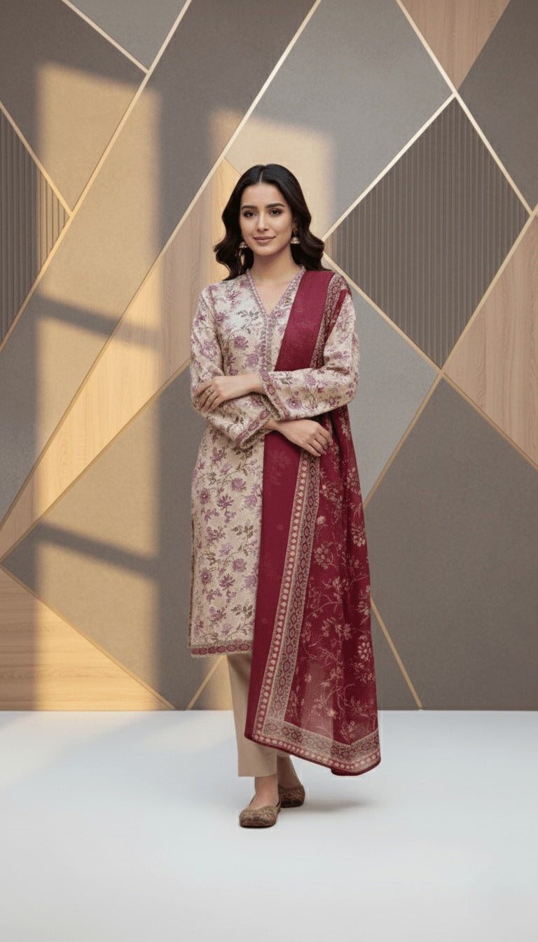 Binsaeed Three-Piece Khaddar Beige & Maroon Printed Suit