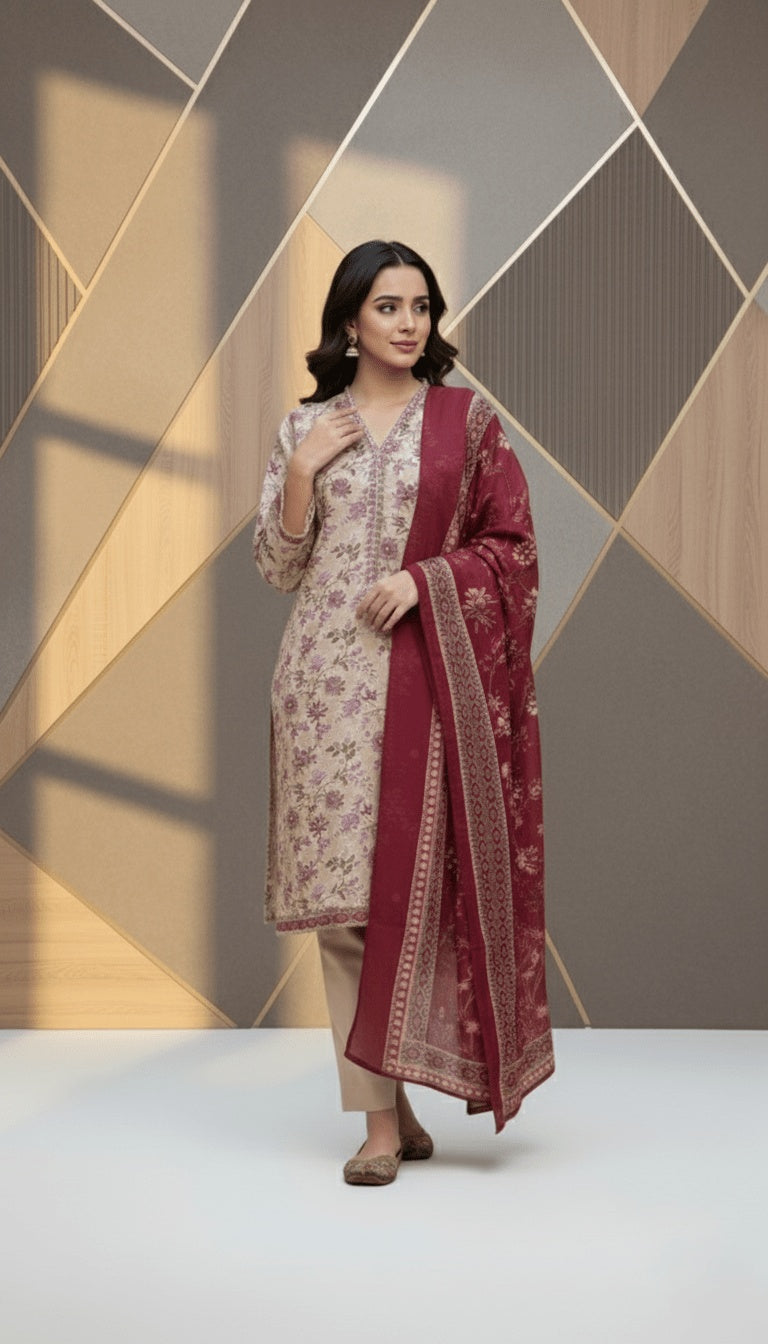 Binsaeed Three-Piece Khaddar Beige & Maroon Printed Suit