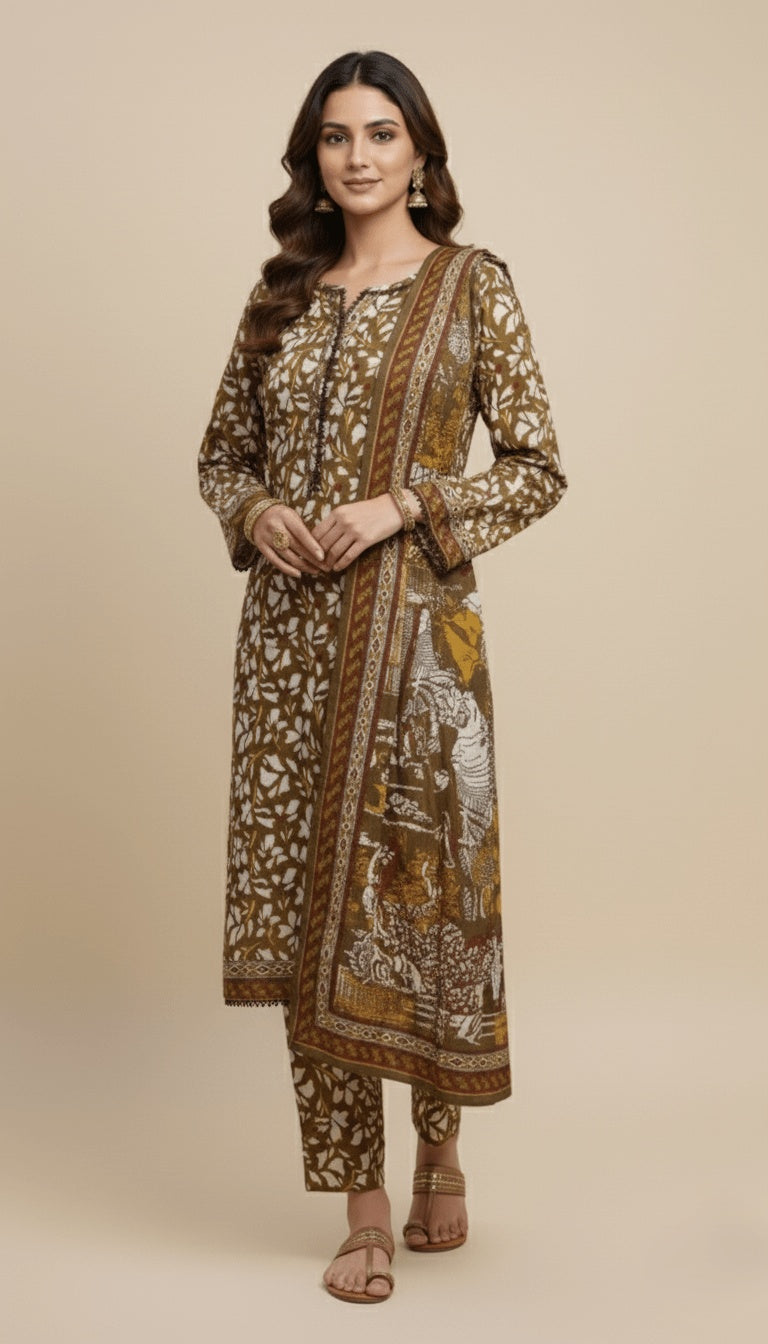 Binsaeed Three-Piece Khaddar Olive Brown Printed Suit