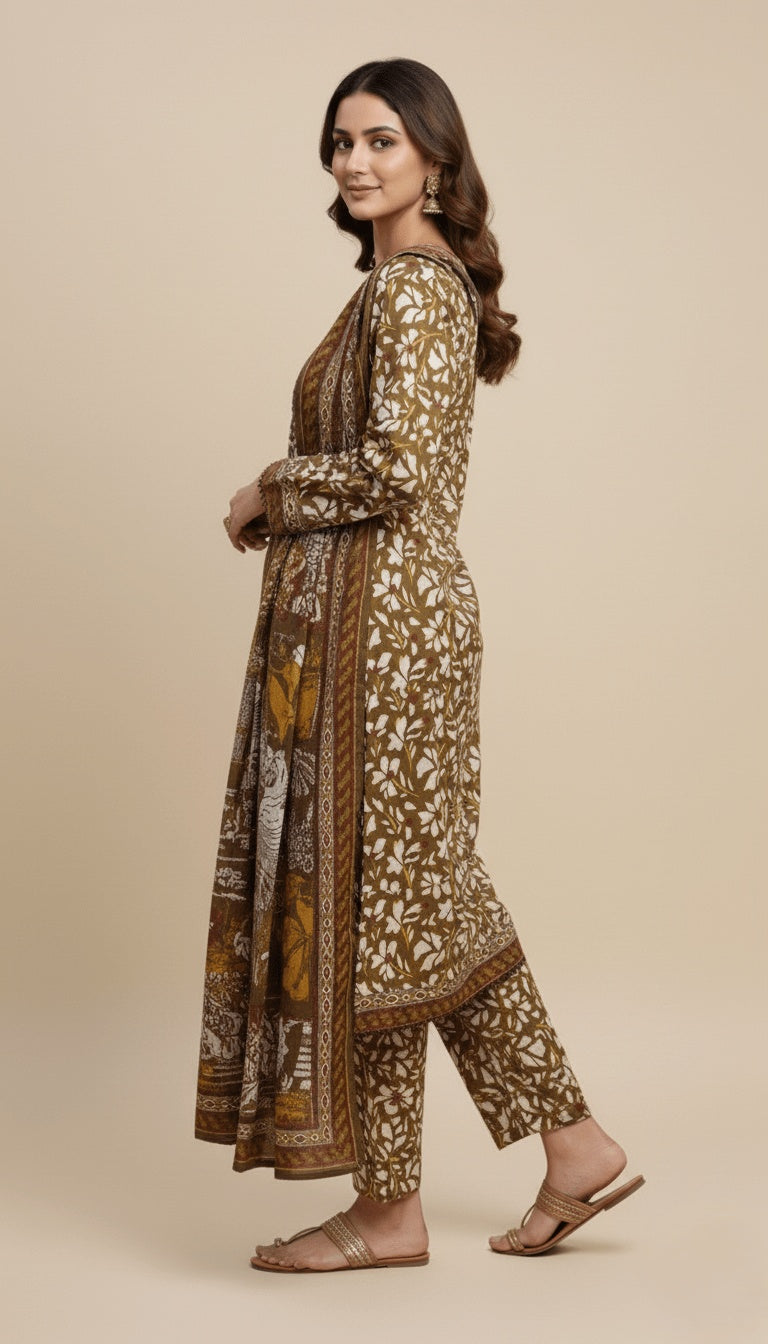 Binsaeed Three-Piece Khaddar Olive Brown Printed Suit