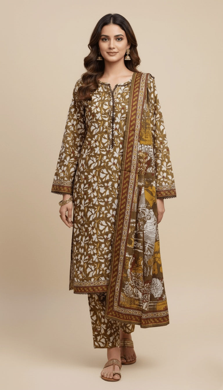 Binsaeed Three-Piece Khaddar Olive Brown Printed Suit