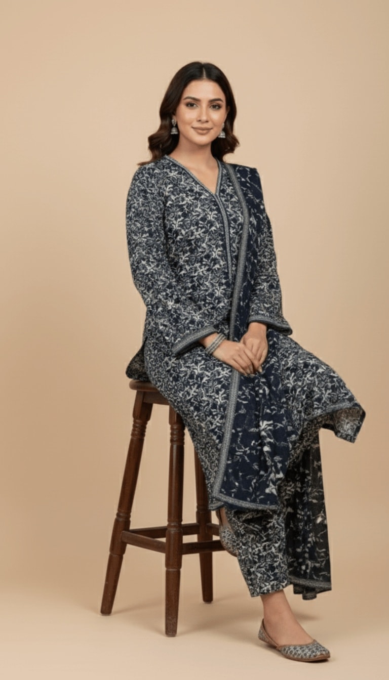 Binsaeed Three-Piece Khaddar Printed Monochrome Botanical Suit