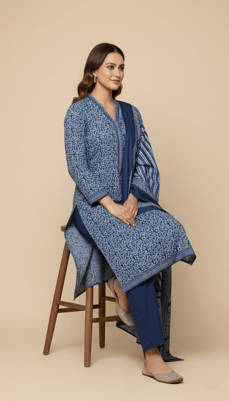 Binsaeed Three-Piece Indigo Blue Khaddar Printed Suit