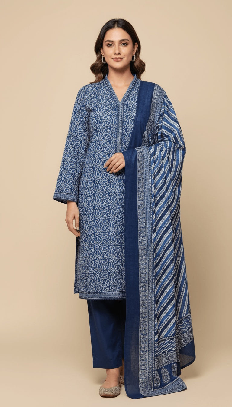 Binsaeed Three-Piece Indigo Blue Khaddar Printed Suit