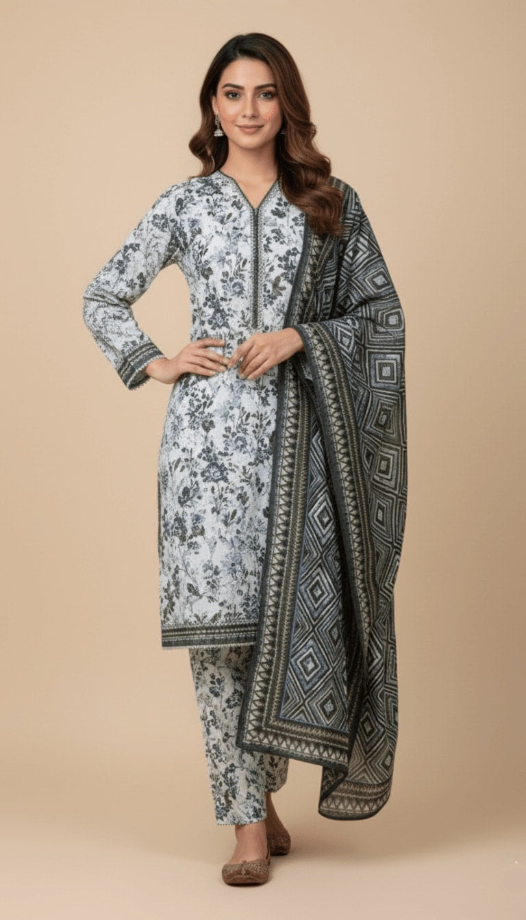 Binsaeed Three-Piece Khaddar Printed Winter Floral Suit