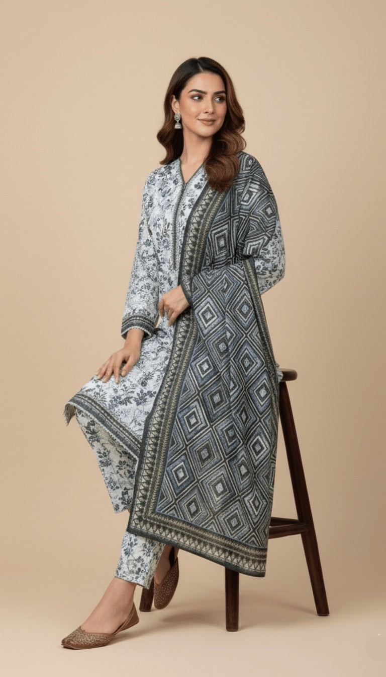 Binsaeed Three-Piece Khaddar Printed Winter Floral Suit