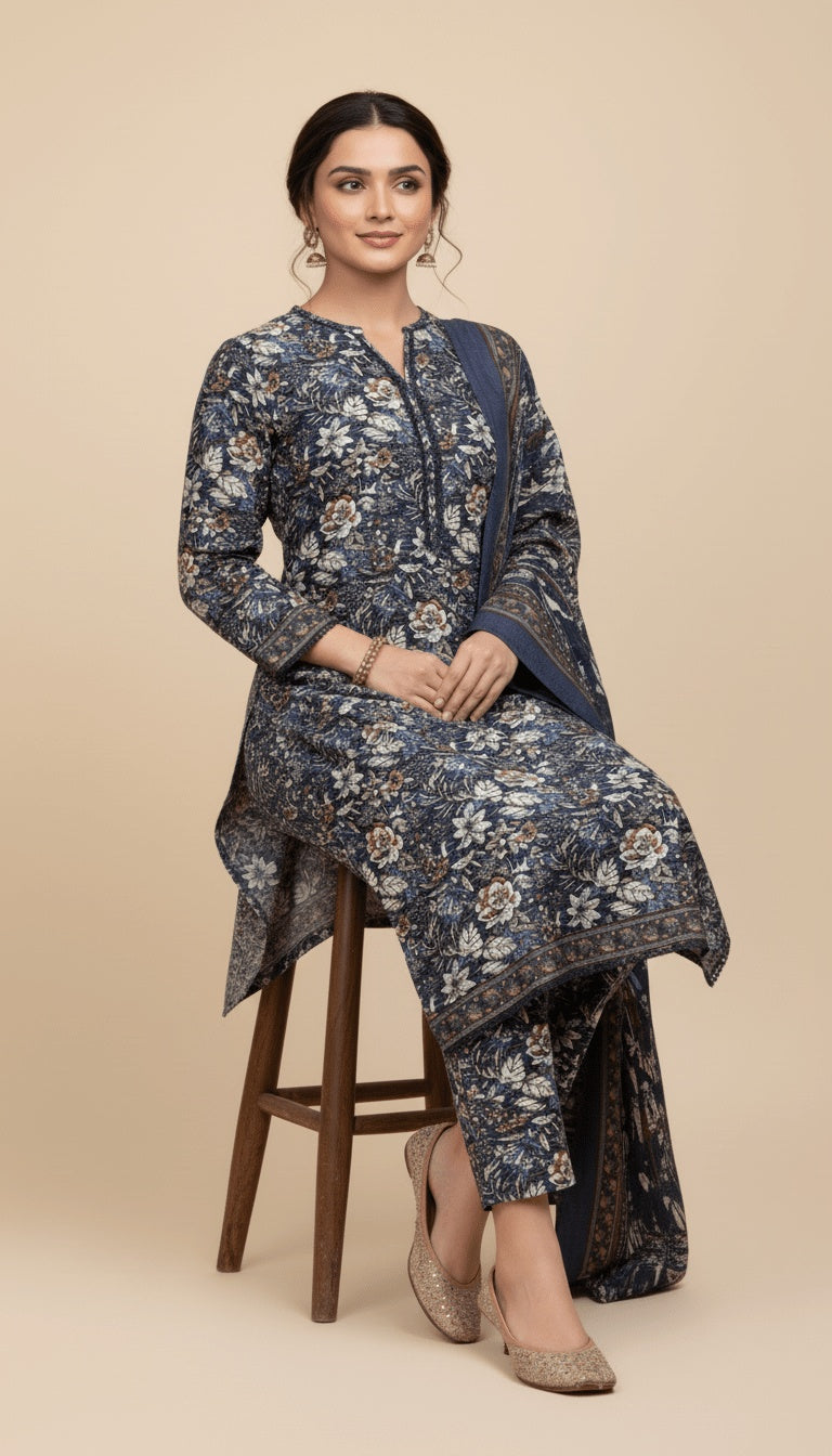 Binsaeed Three-Piece Navy Blue Khaddar Printed Suit