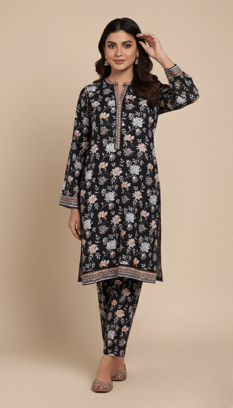 Binsaeed Winter Khaddar Printed Black 2 Piece Suit | SuitsMeUK