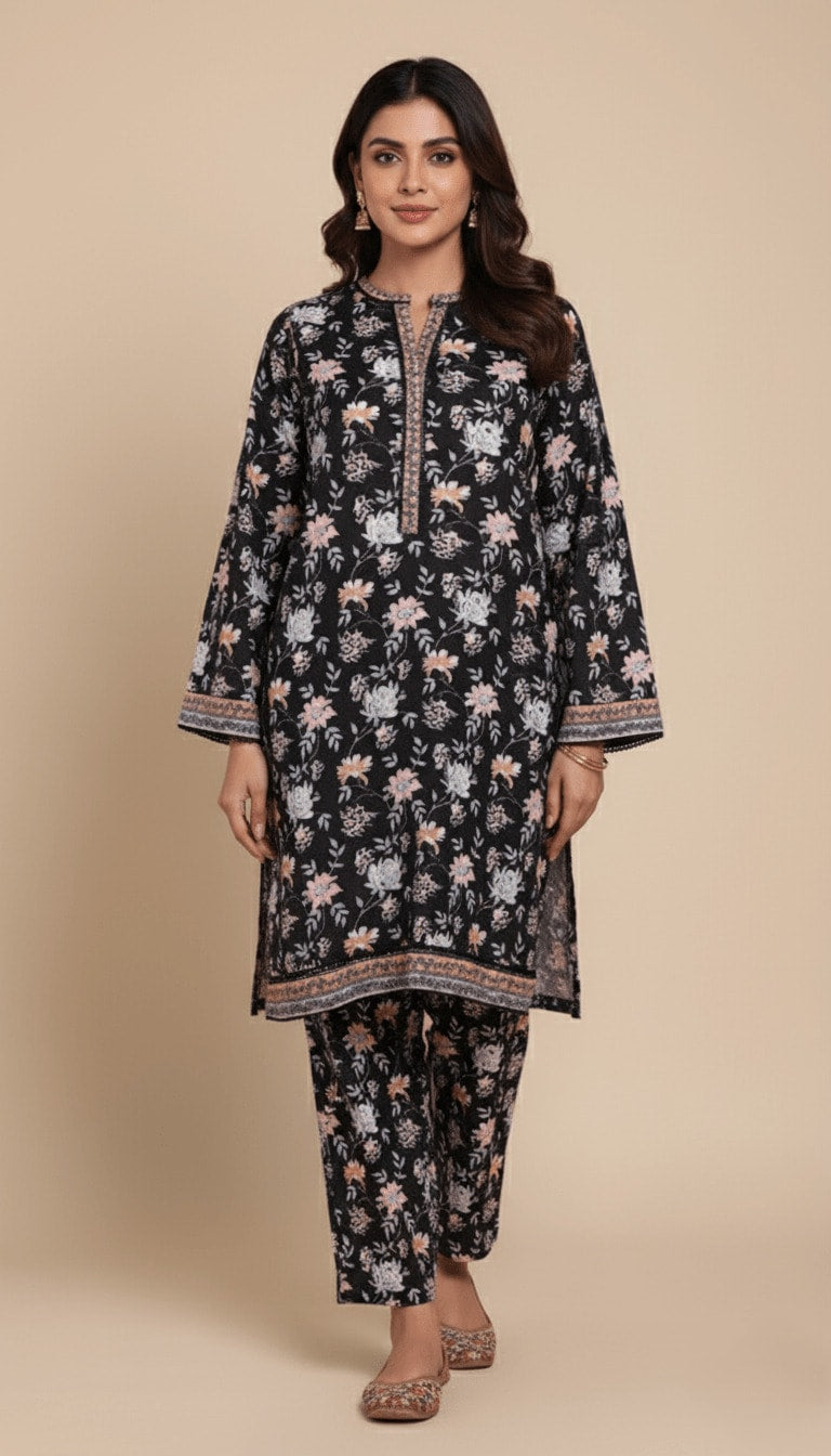 Binsaeed Winter Khaddar Printed Black 2 Piece Suit | SuitsMeUK