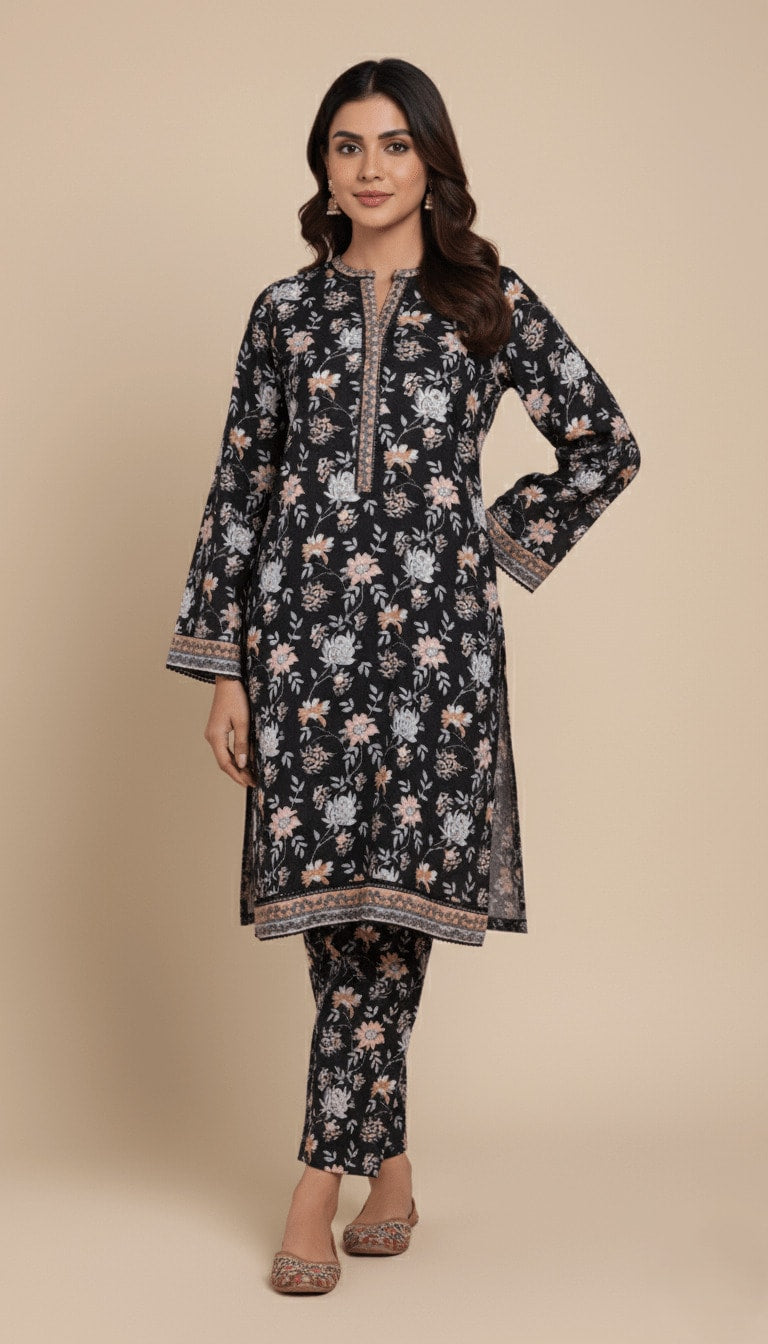 Binsaeed Winter Khaddar Printed Black 2 Piece Suit | SuitsMeUK