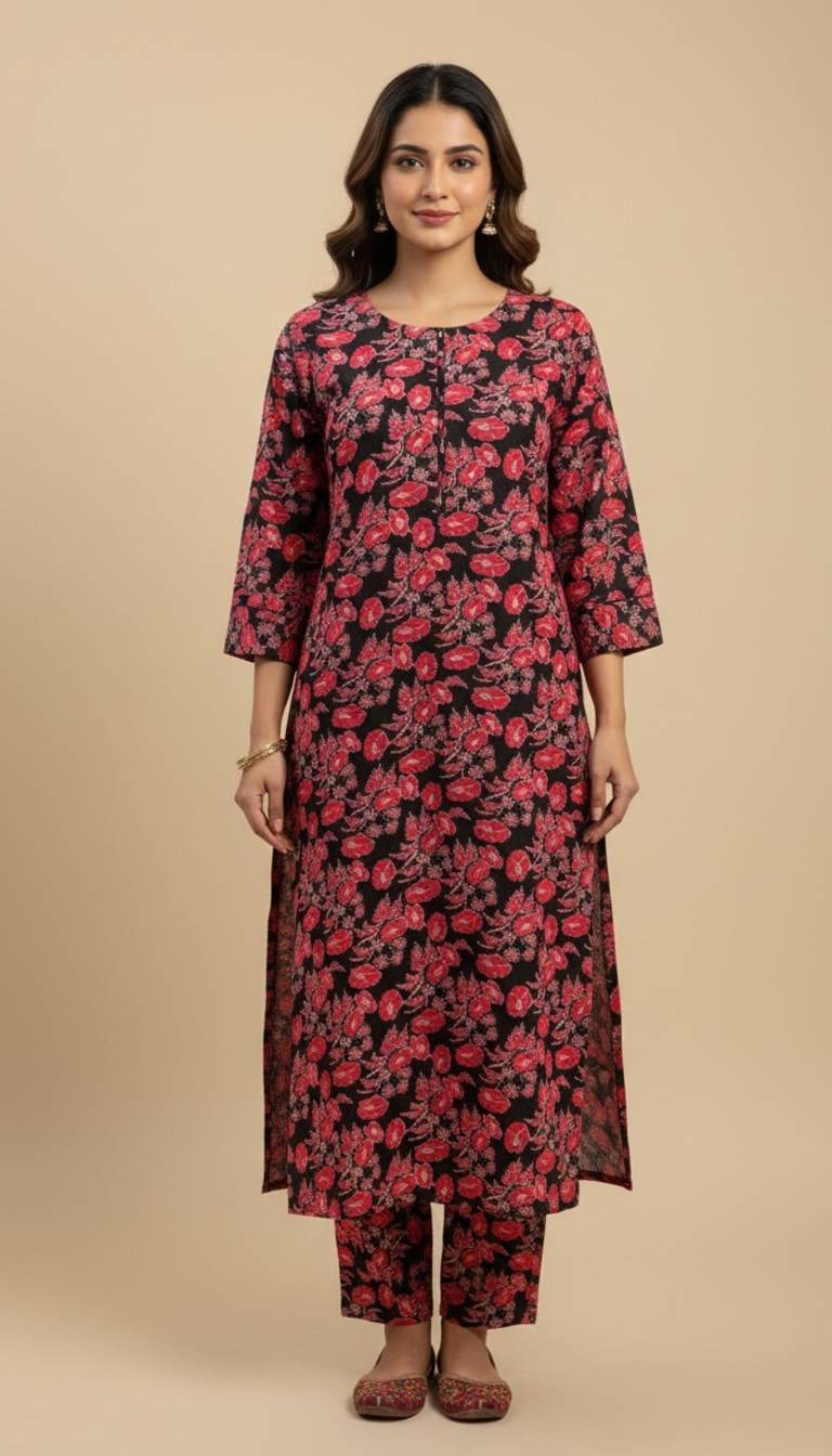 Black Red Floral Print Khaddar 2PC Coord Suit | SuitsMeUK