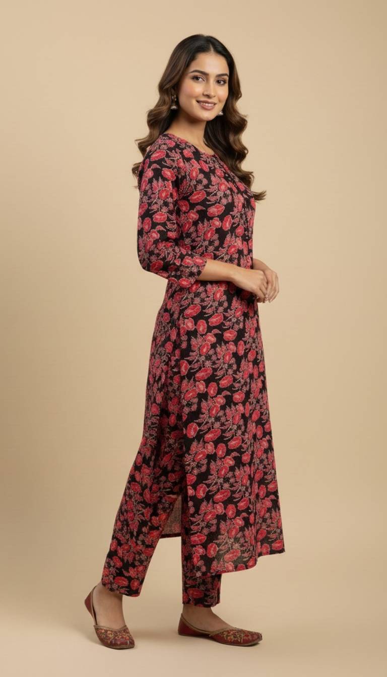 Black Red Floral Print Khaddar 2PC Coord Suit | SuitsMeUK