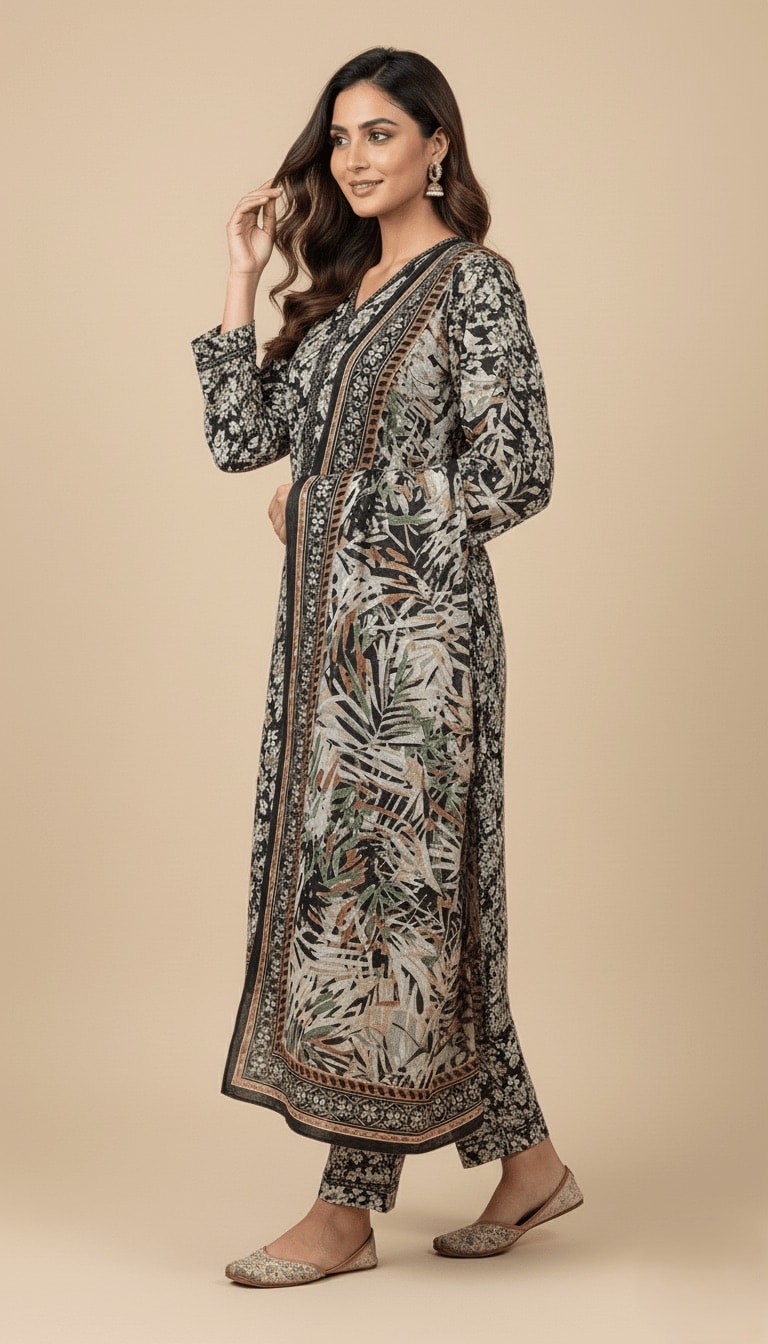 Binsaeed Black White Tropical Print Khaddar 3PC Suit with Shawl | SuitsMeUK