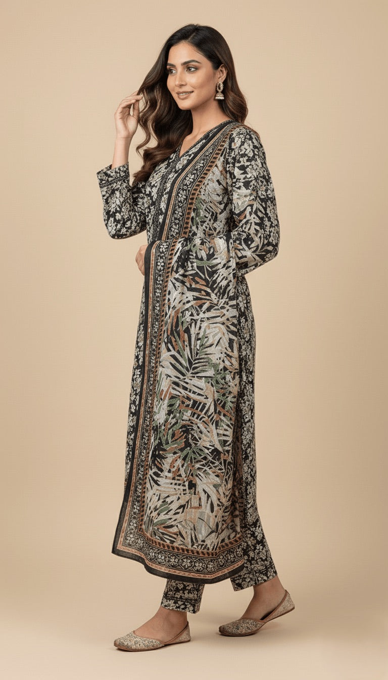 Binsaeed Black White Tropical Print Khaddar 3PC Suit with Shawl | SuitsMeUK