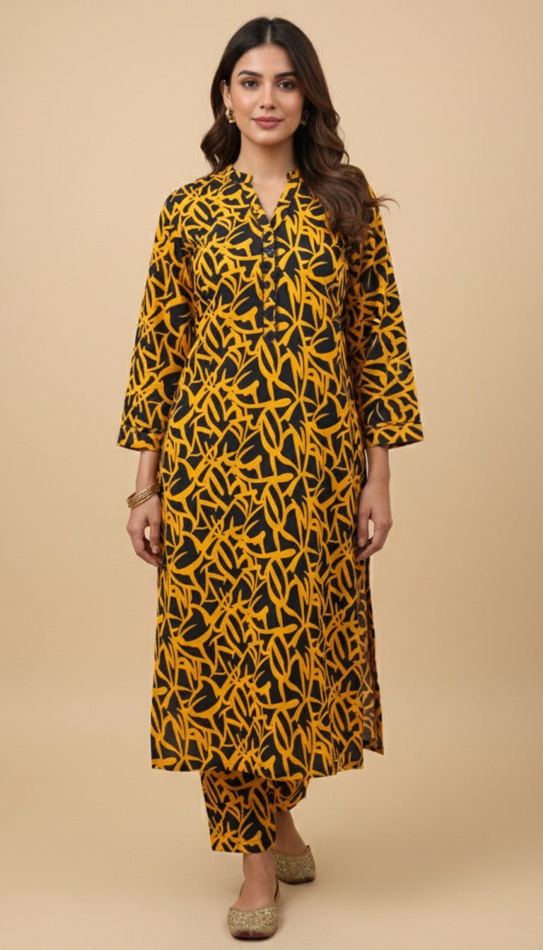 Black Yellow Abstract Print Cotton 2PC Coord Suit | SuitsMeUK
