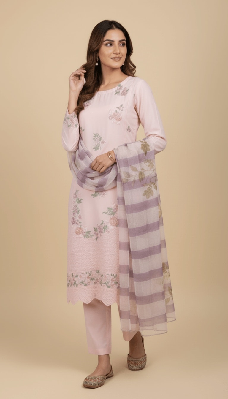 Blossom Pink Cotton Embroidered 3-Piece Trouser Suit