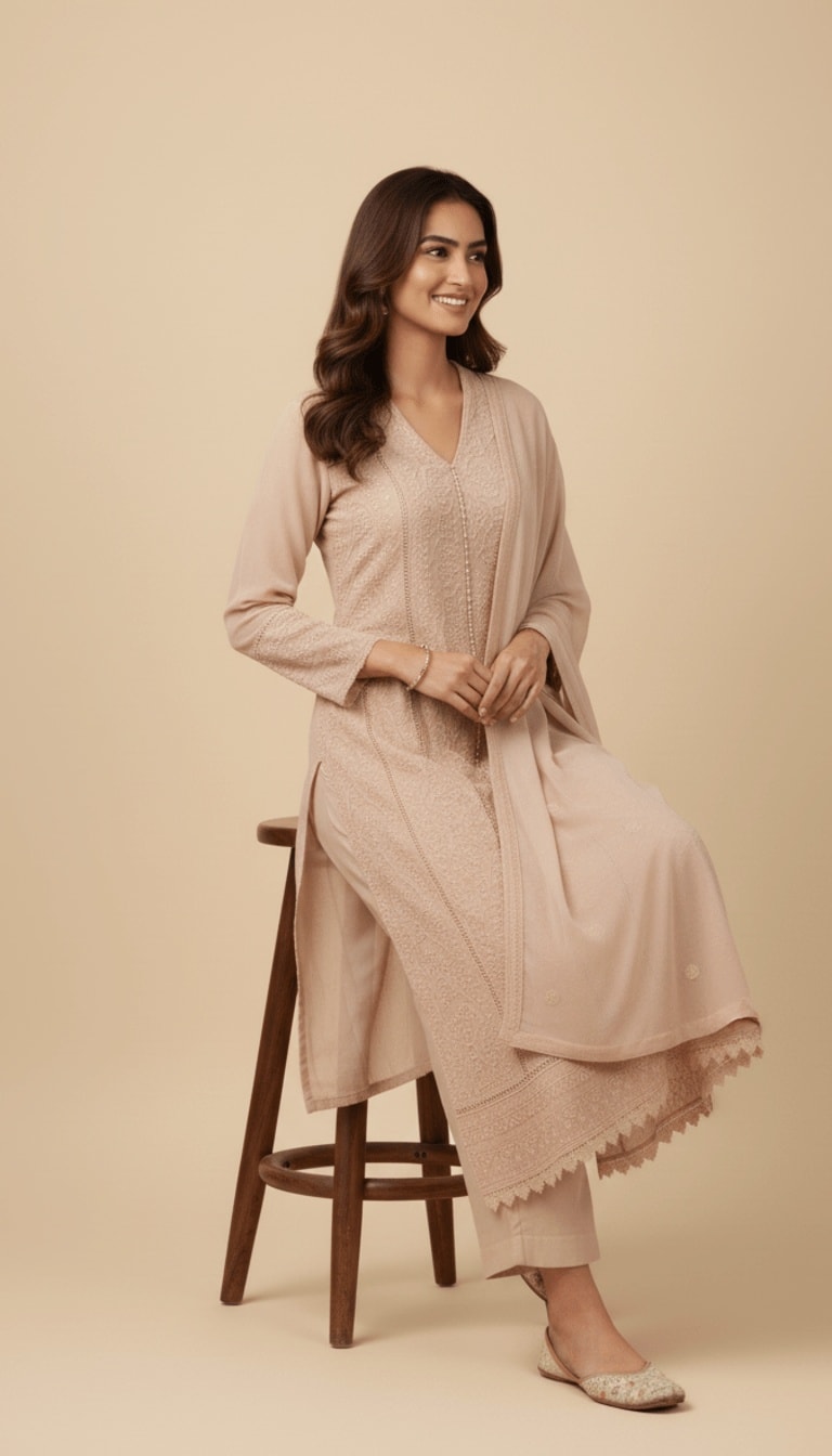 Blush Beige Embroidered Chiffon 3-Piece Anarkali Suit