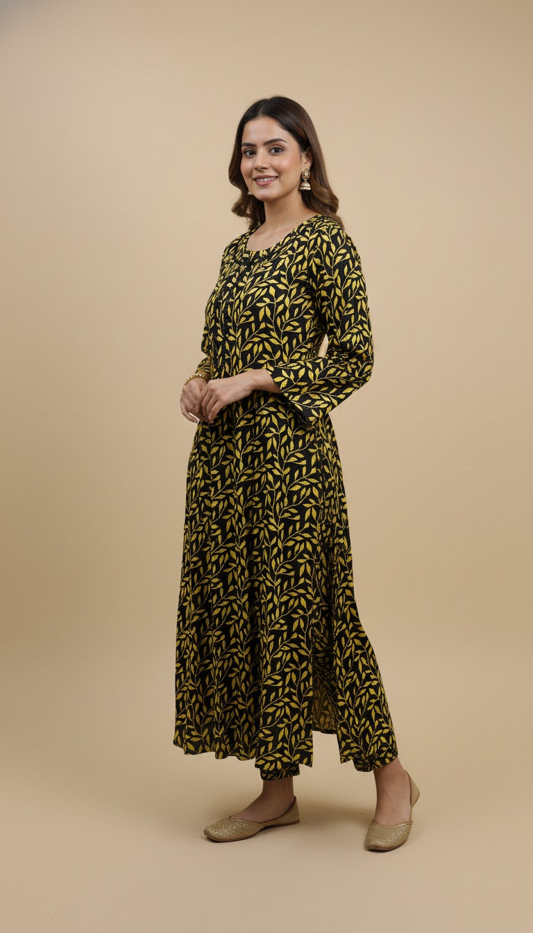 Canary Yellow Khaddar Leaf Print 2PC Coord Suit | SuitsMeUK