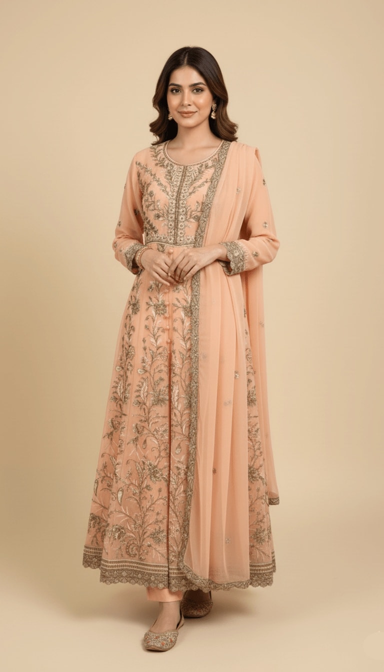 Caramel Glaze Embroidered Chiffon 3-Piece Anarkali Suit