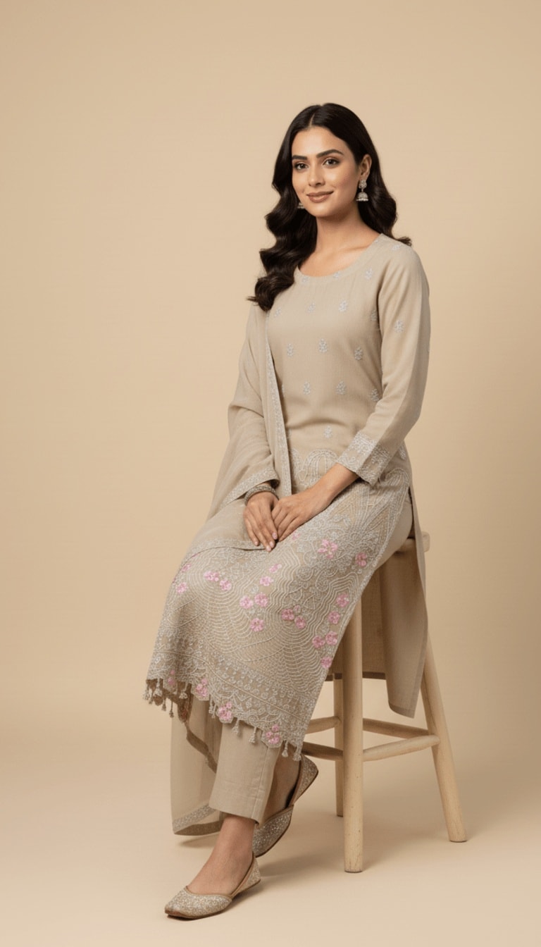Champagne Blossom Embroidered Chiffon 3-Piece Trouser Suit