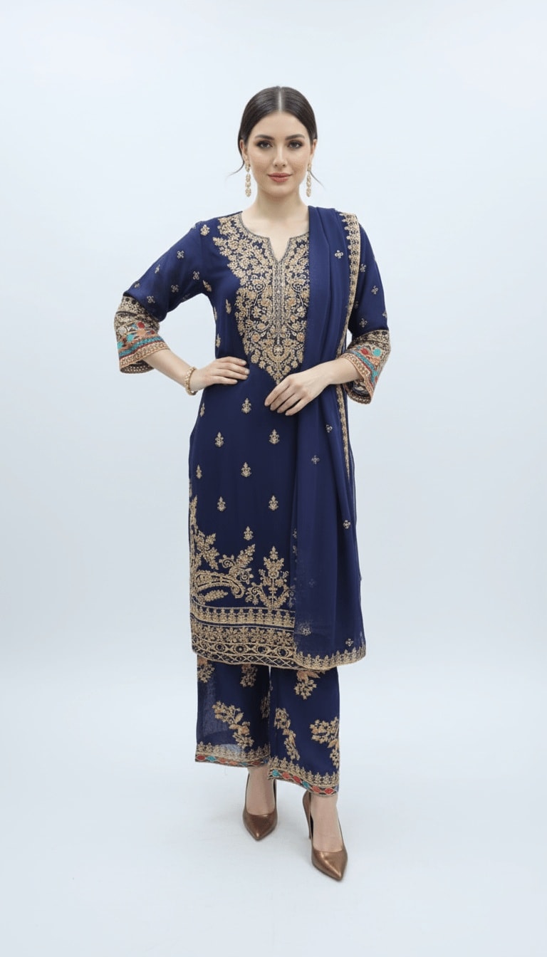 Midnight Navy Embroidered Chiffon 3-Piece Plazo Suit