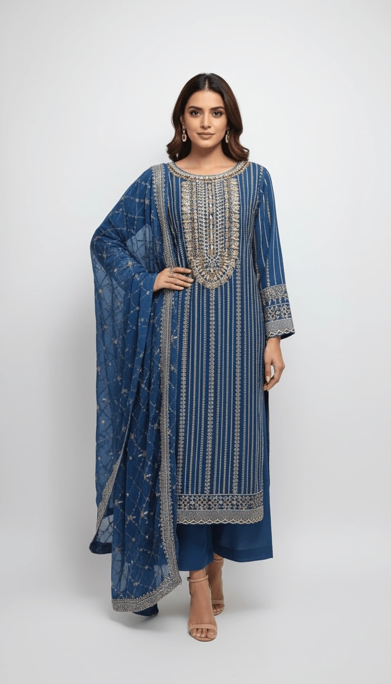 Sapphire Blue Embellished Chiffon 3-Piece Plazo Suit