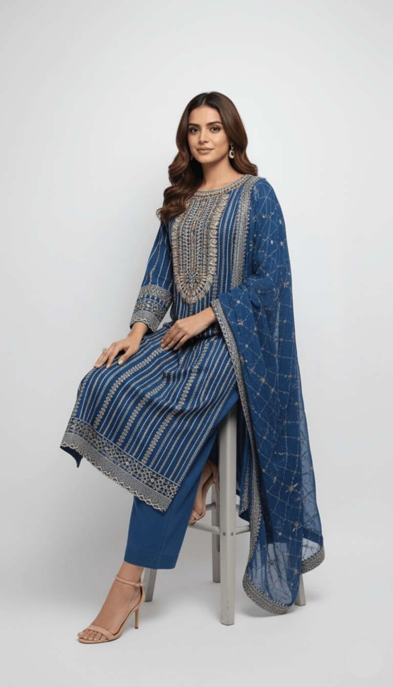 Sapphire Blue Embellished Chiffon 3-Piece Plazo Suit
