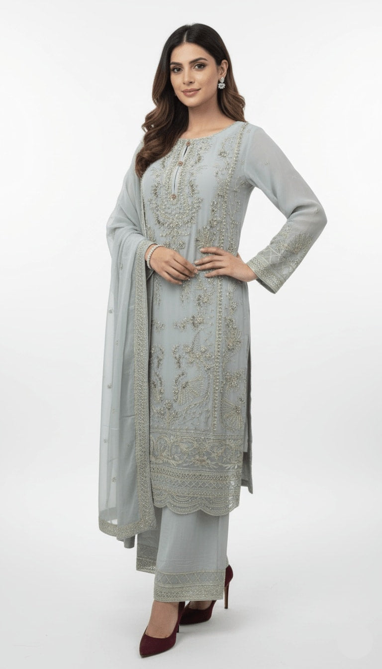 Misty Grey Pearl Embellished Chiffon 3-Piece Plazo Suit