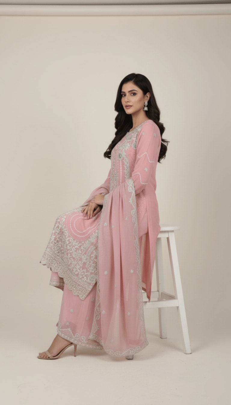 Pink Chiffon Ensemble with Silver Embellishments 3-Piece Plazo Suit