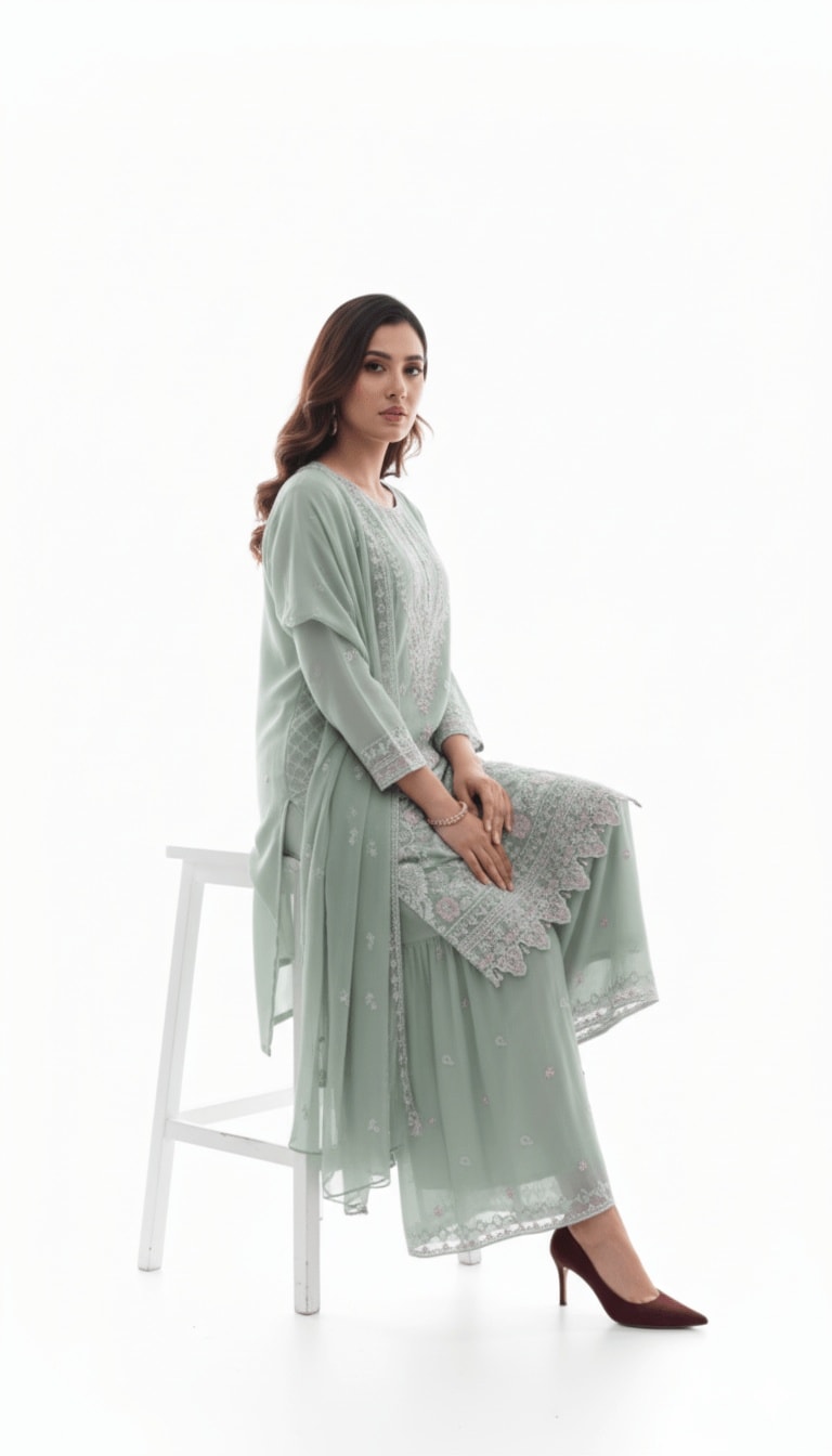 Sage Green Floral Embroidered Chiffon 3-Piece Sharara Suit