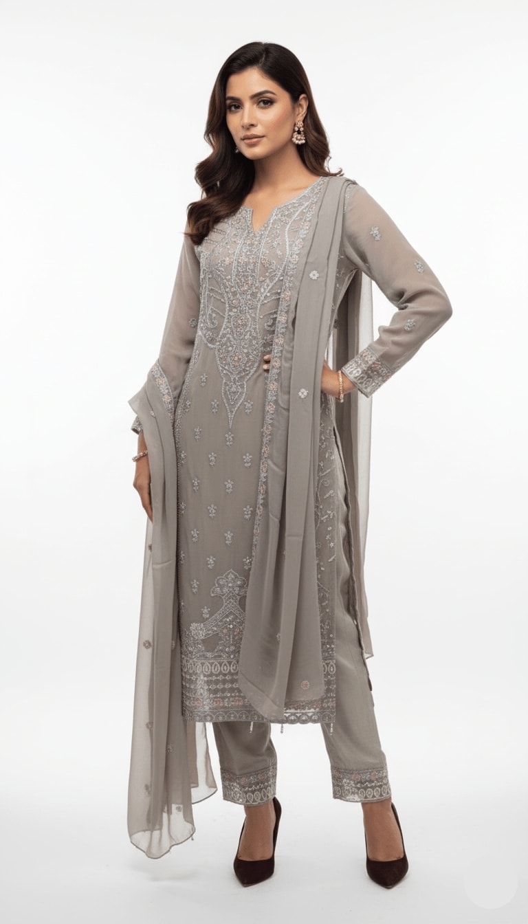 Dove Grey Pastel Embroidered Chiffon 3-Piece Straight Suit