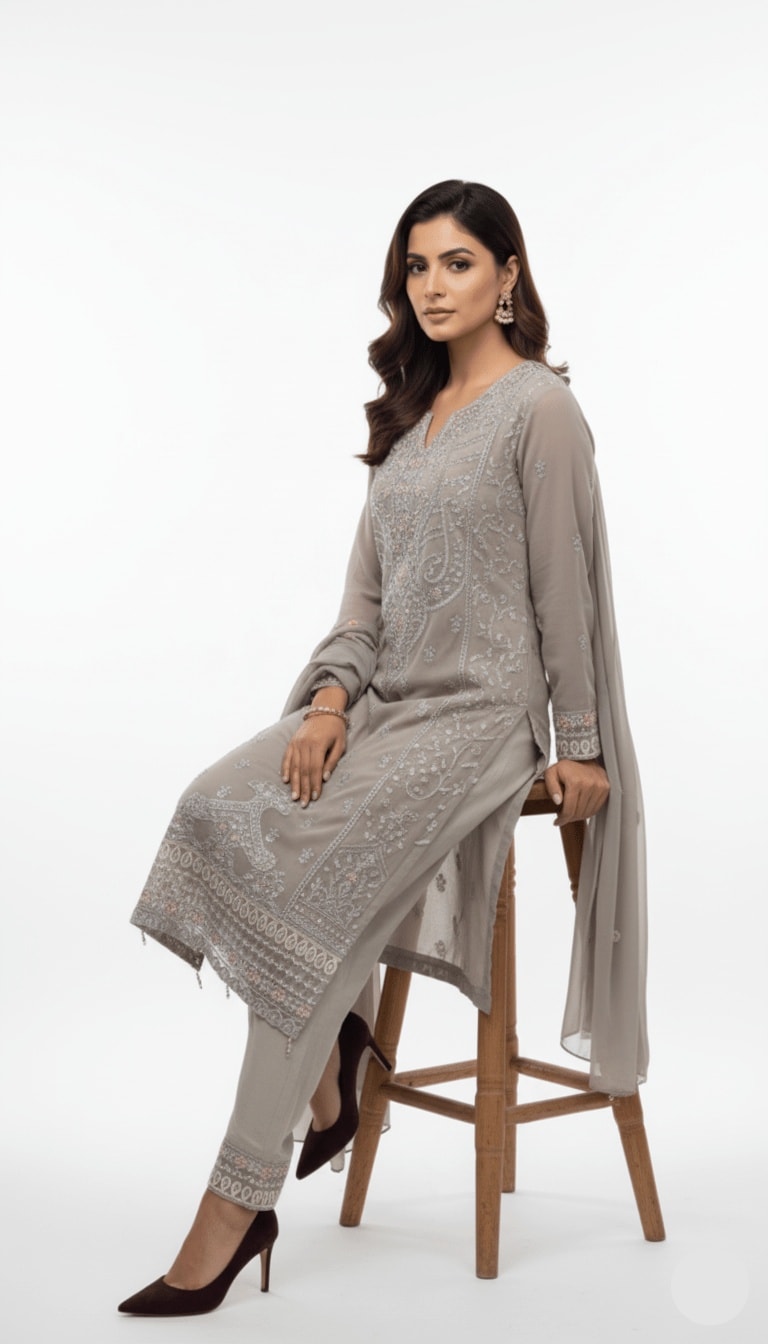 Dove Grey Pastel Embroidered Chiffon 3-Piece Straight Suit