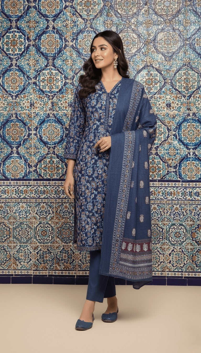 Binsaeed Cobalt Blue Tile Print Khaddar 3PC Suit with Shawl | SuitsMeUK