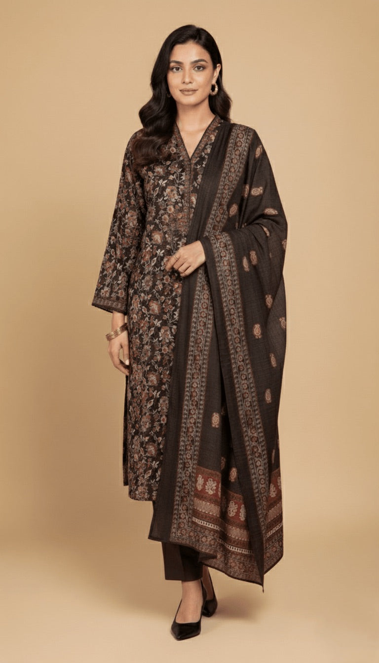 Binsaeed Dark Brown Earth Tone Floral Khaddar 3PC Suit with Shawl | SuitsMeUK