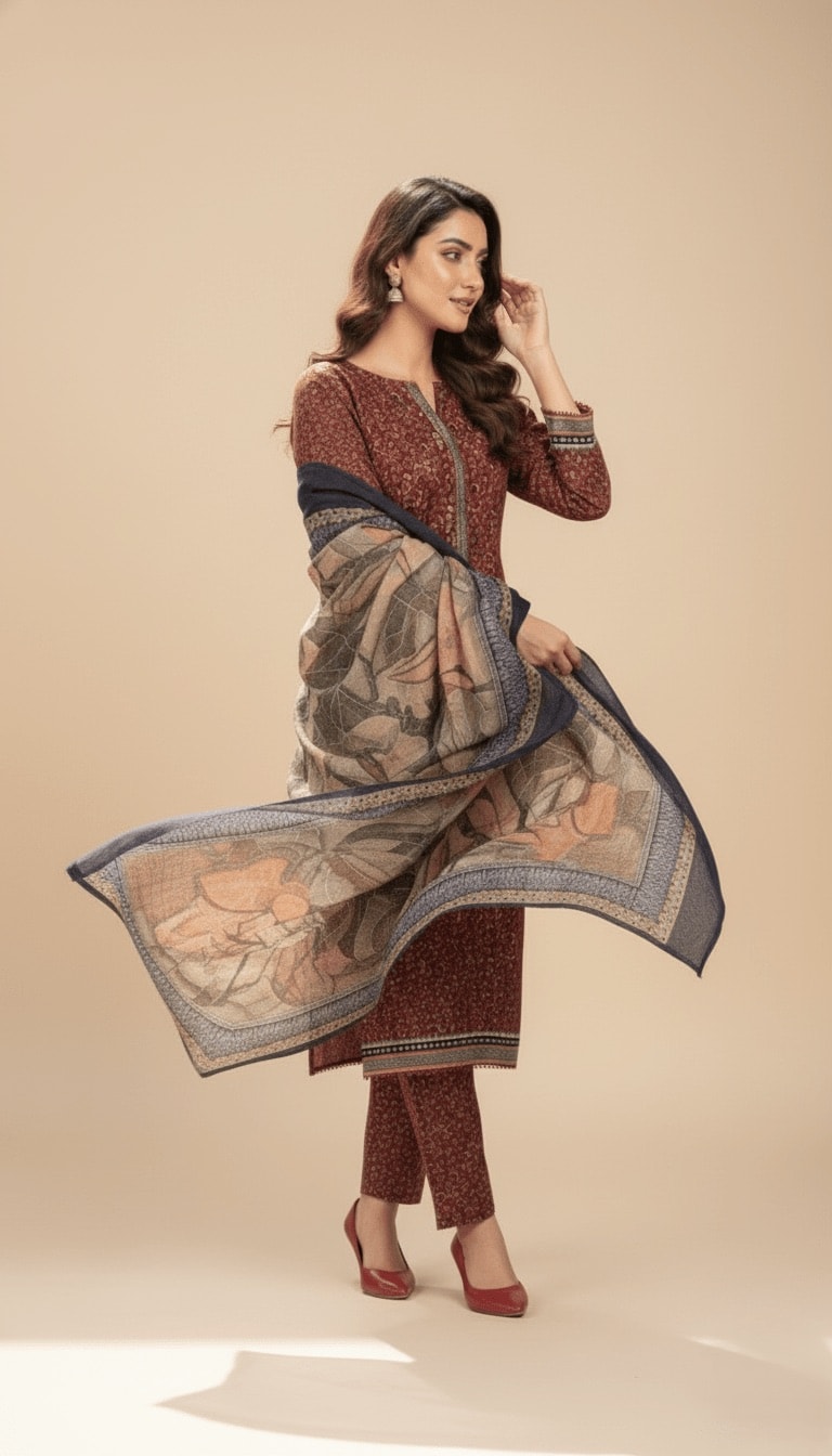 Binsaeed Deep Maroon Micro Print Khaddar 3PC Suit with Shawl | SuitsMeUK