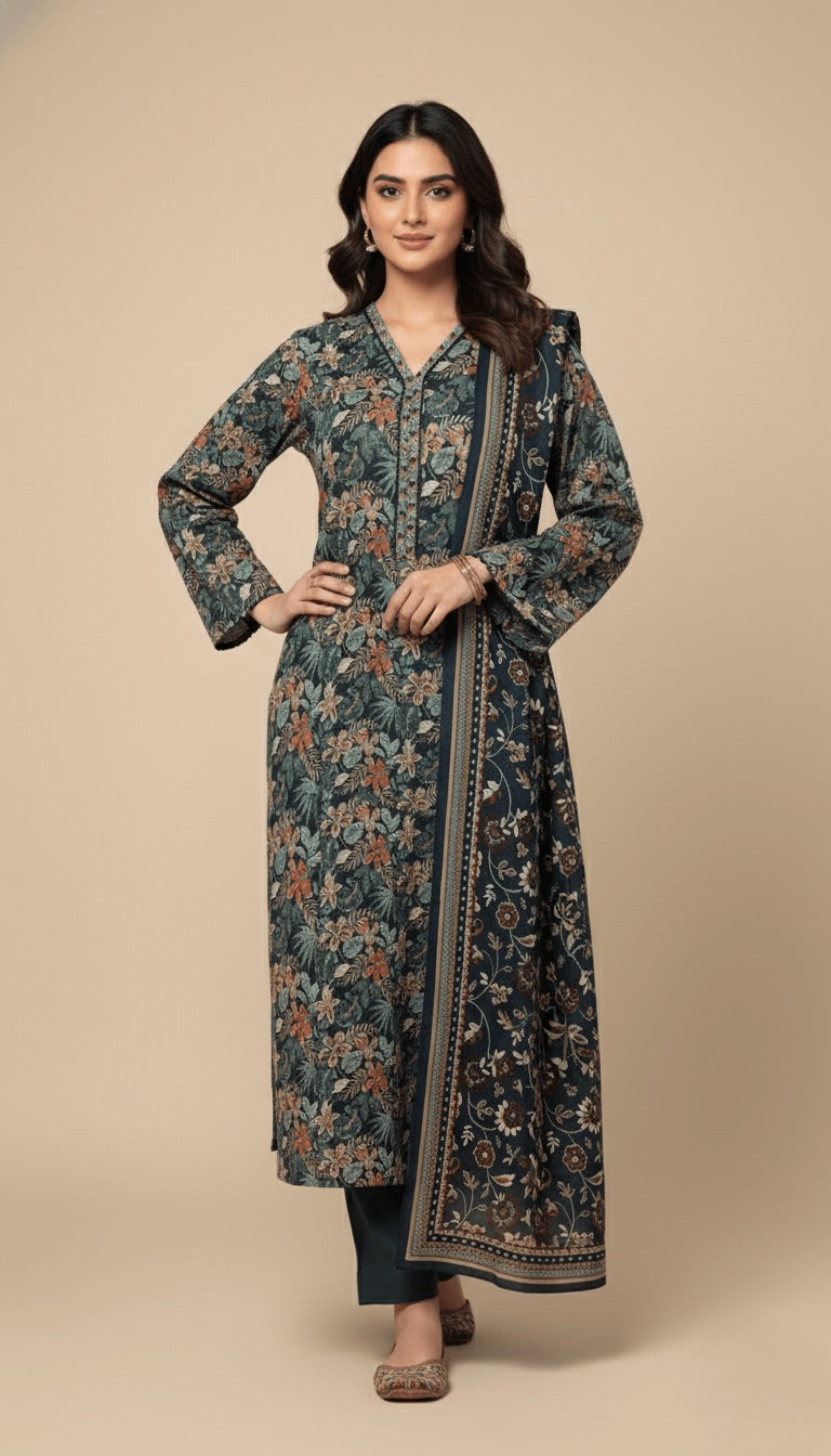 Binsaeed Deep Teal Floral Print Khaddar 3PC Suit with Shawl Binsaeed | SuitsMeUK