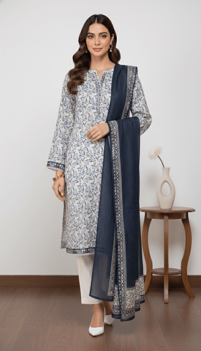 Binsaeed Light Grey Floral Print Khaddar 3PC Suit with Shawl | SuitsMeUK