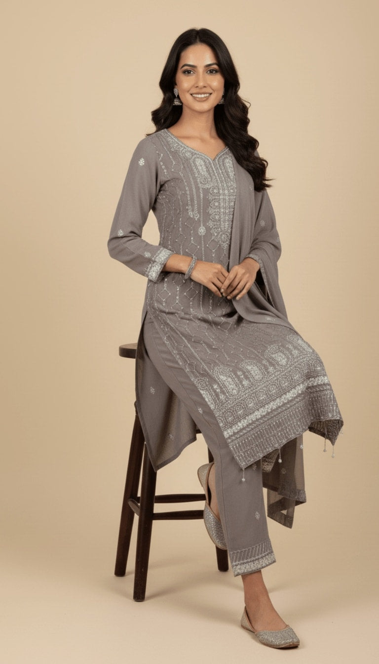 Dove Grey Embroidered Chiffon 3-Piece Trouser Suit