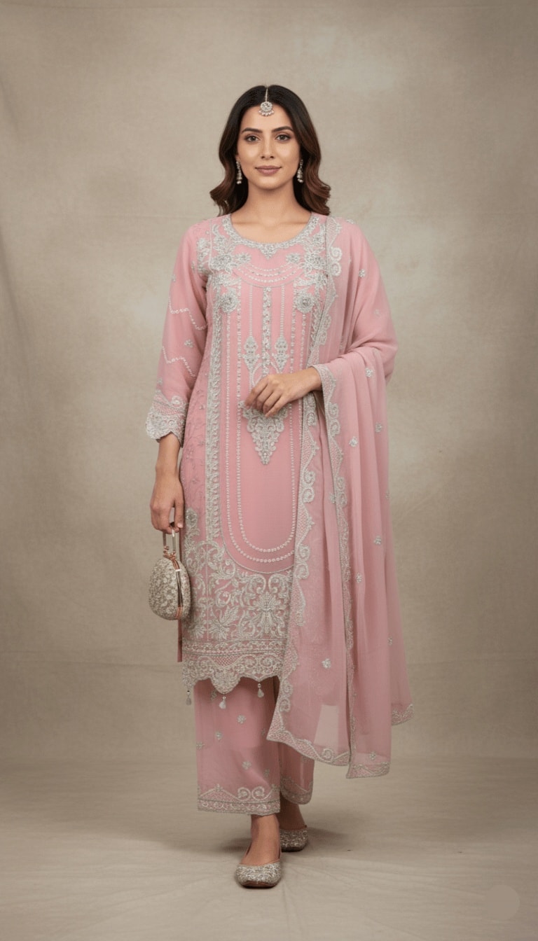 Dusty Rose Crystal Embellished Chiffon 3-Piece Sharara Suit