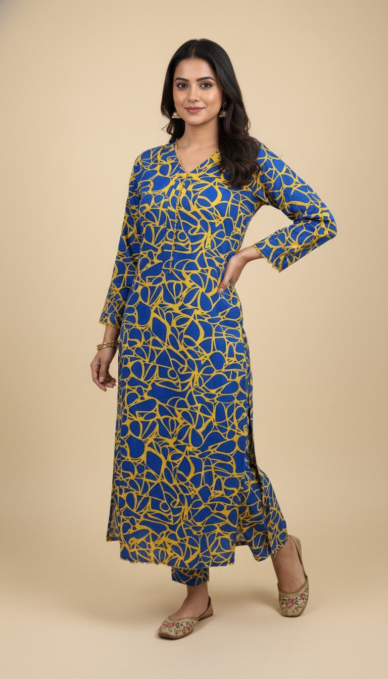 Blue Yellow Abstract Print Cotton Khaddar 2 Piece Coord Set | SuitsMeUK