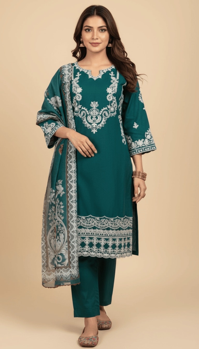 Teal Enchantment Embroidered Cotton 3-Piece Trouser Suit