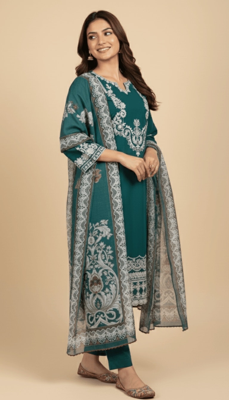 Teal Enchantment Embroidered Cotton 3-Piece Trouser Suit