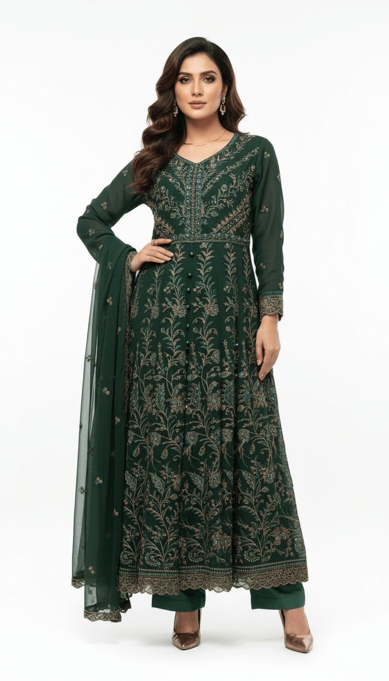 Forest Green Gold Embroidered Chiffon 3-Piece Frock Suit