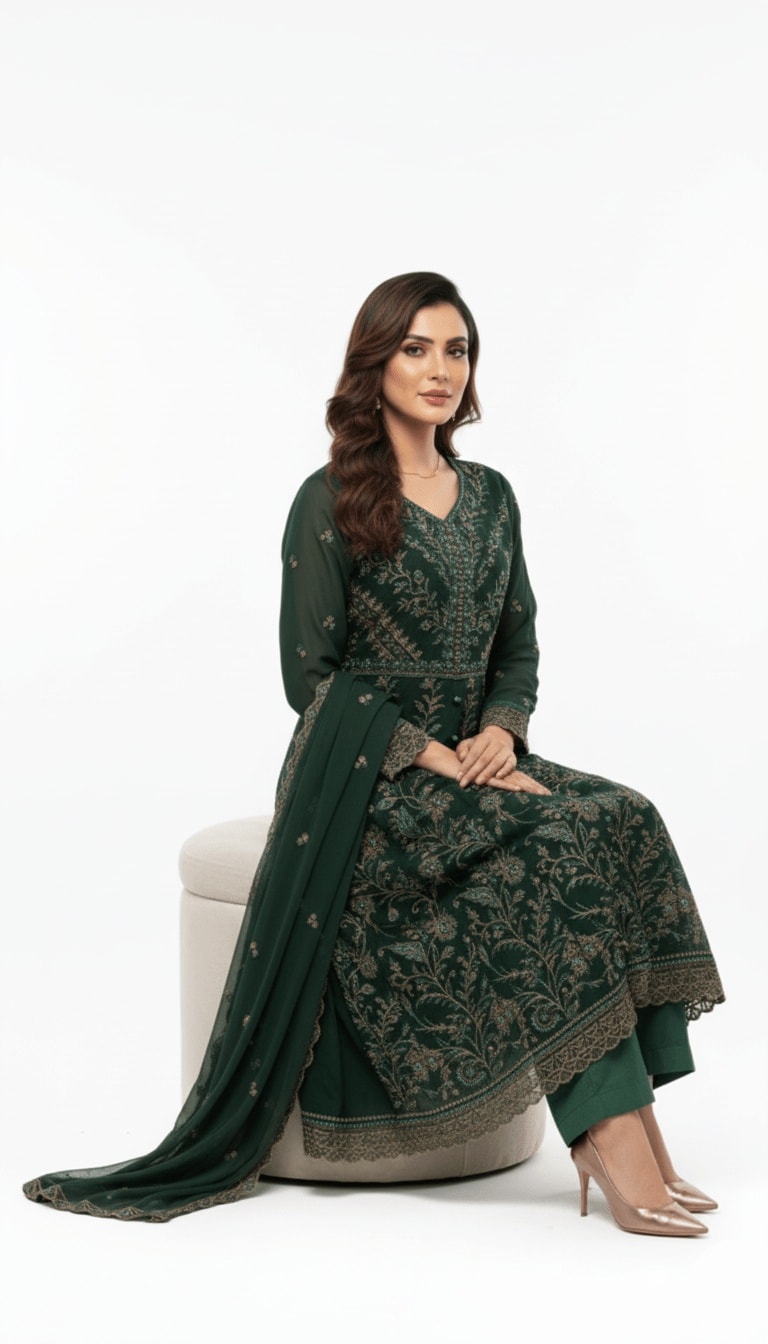 Forest Green Gold Embroidered Chiffon 3-Piece Frock Suit