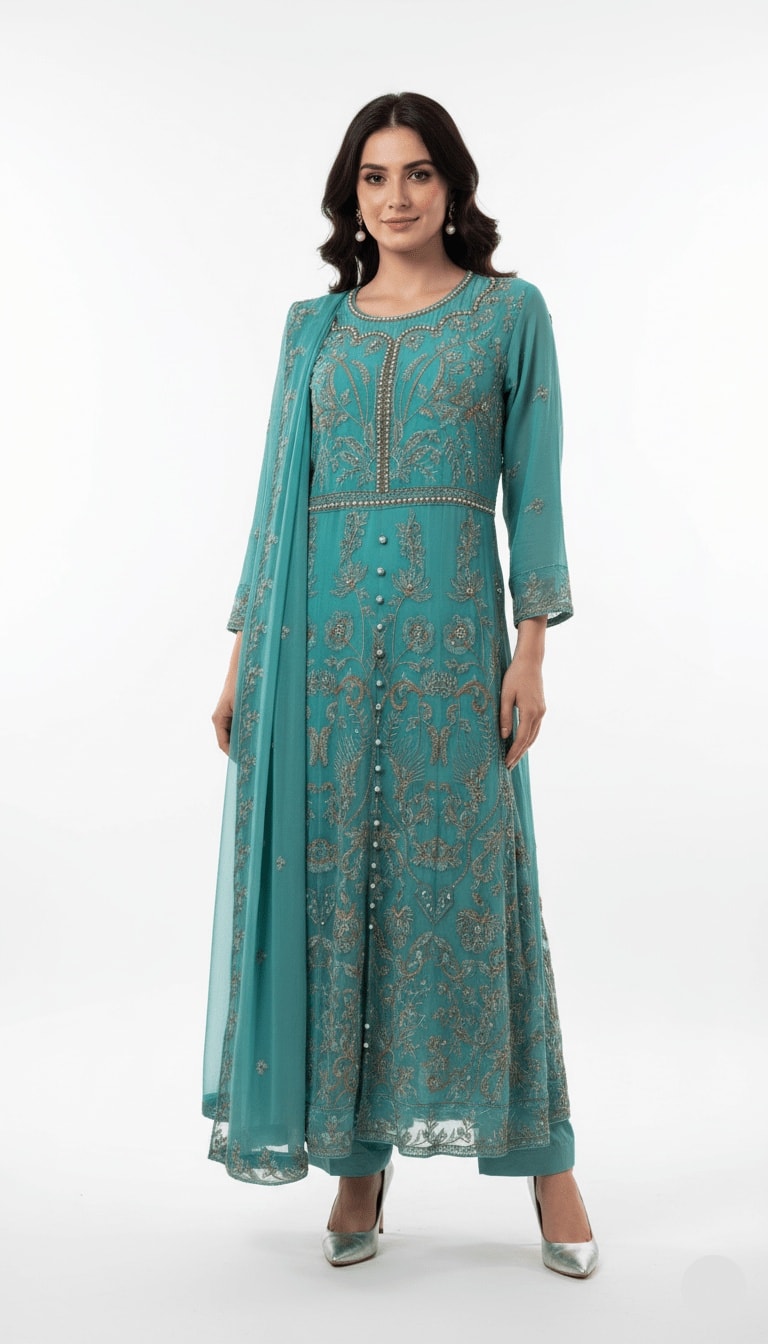 Turquoise Pearl Gold Embroidered Chiffon 3-Piece Anarkali Suit